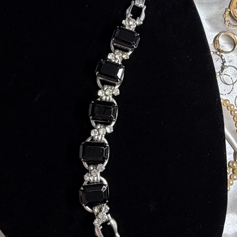 Vintage JULIANA Bracelet Large Black Rectangular & Clear Stones Silver Tone
